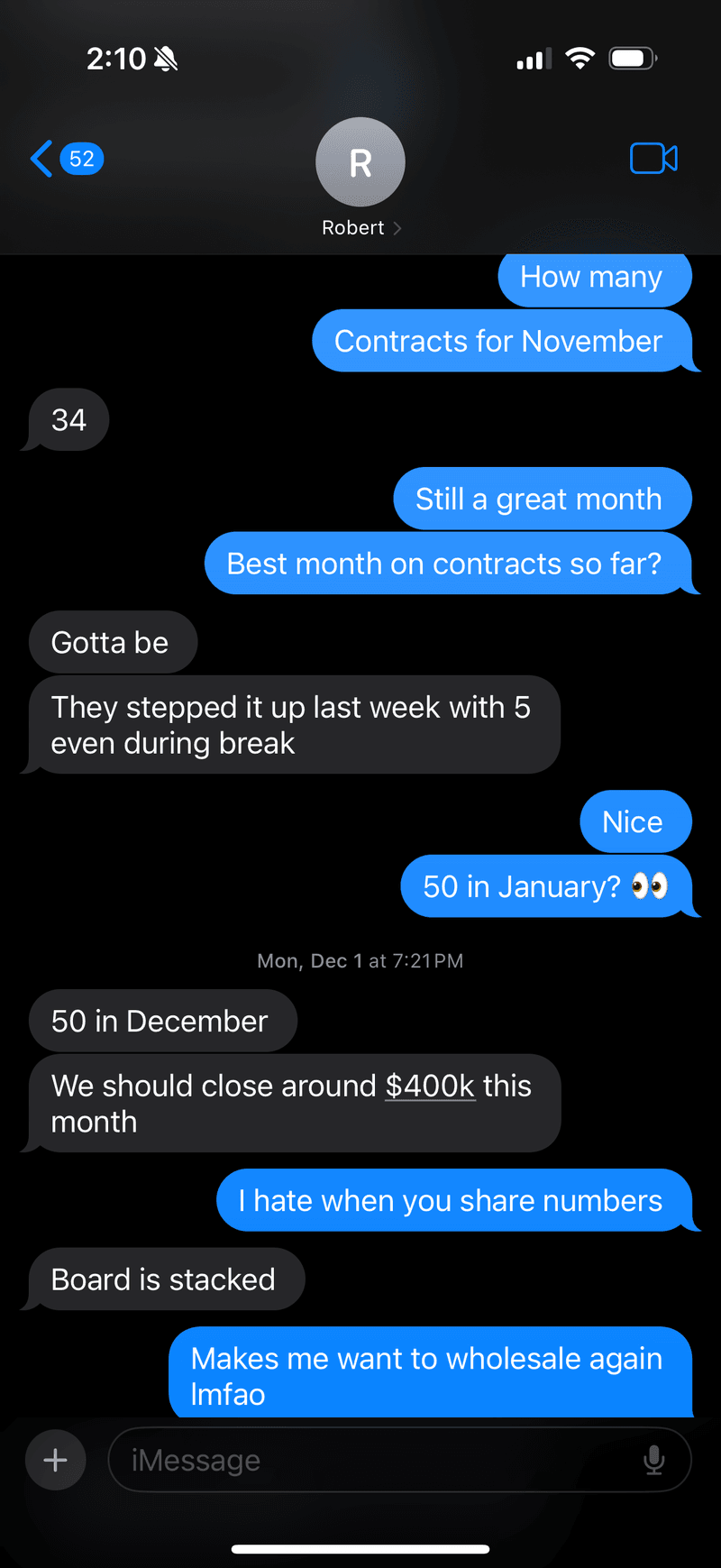 34 Contracts in November, 50 in December, $400K month